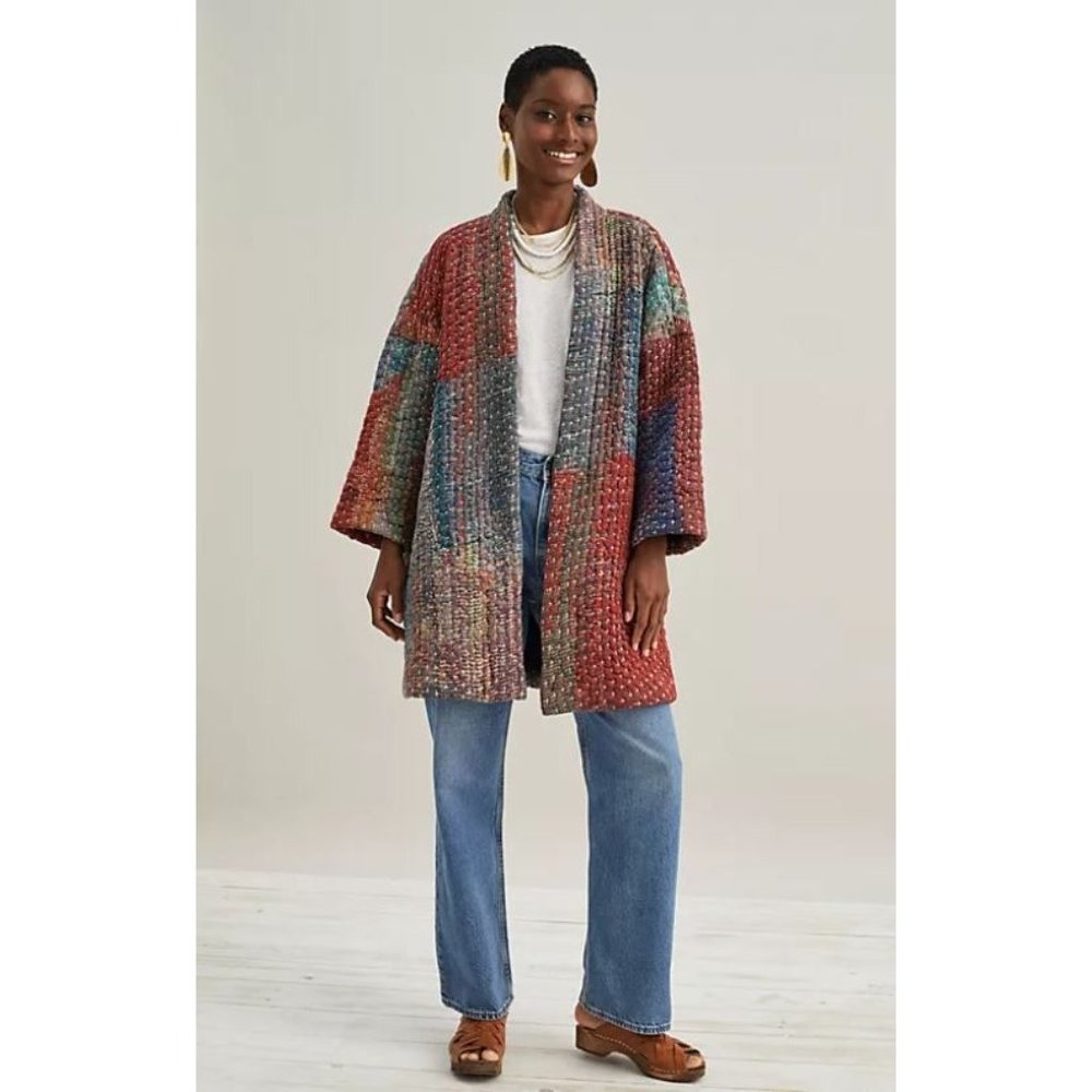 Anthropologie Neeru Kumar Stitched Sharona Quilted Blanket Kimono Jacket Size L - Picture 2 of 9